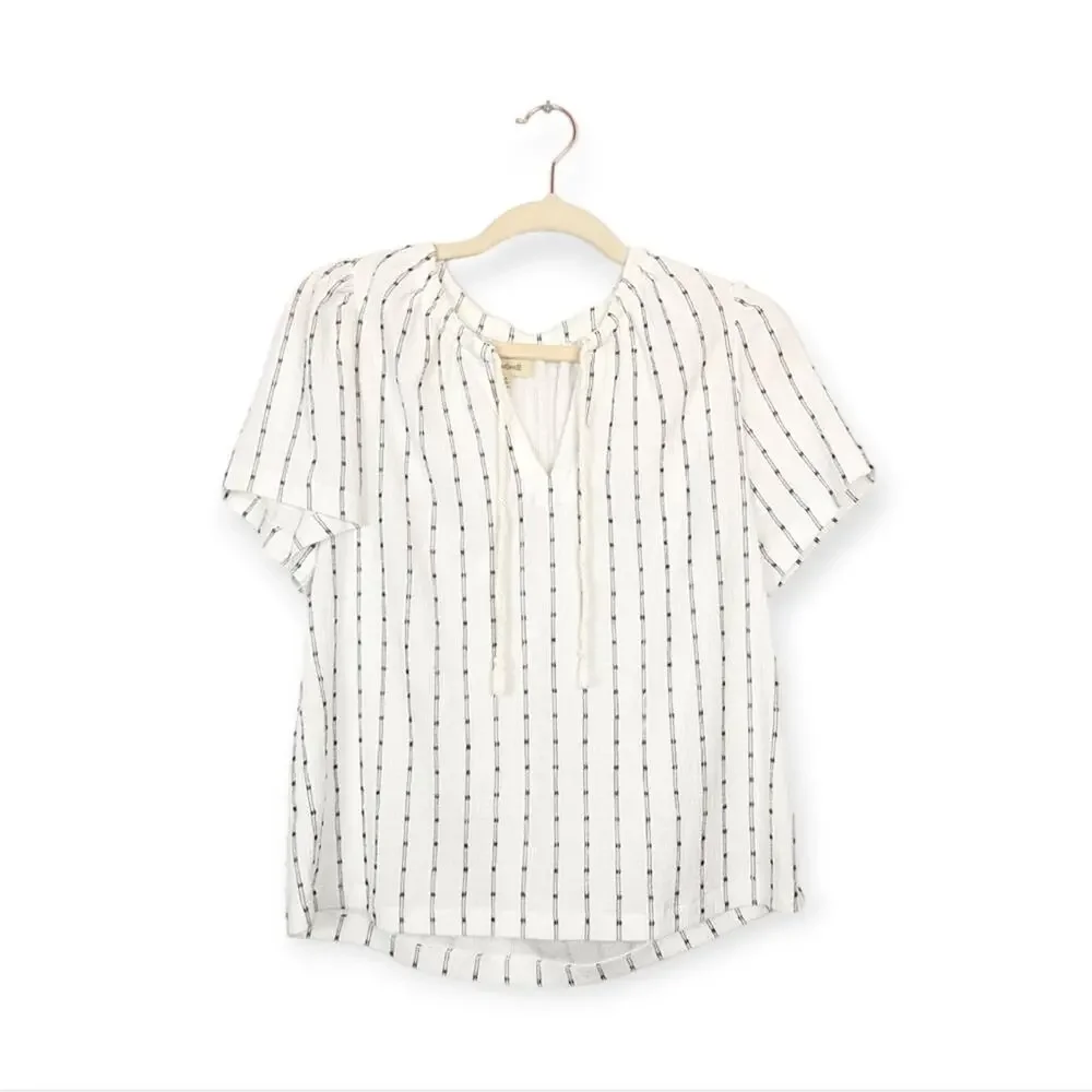 Madewell Bright Ivory Dotted Stripe Tie Neck Lightweight Tunic Top